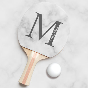 Raquette De Ping Pong Marbre blanc Monogramme personnalisé et nom