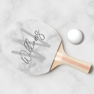 Raquette De Ping Pong Marbre blanc Script Monogramme personnalisé et nom