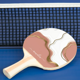 Raquette De Ping Pong Marbre Blush Pink Chic Script Girl Monogramme Nom