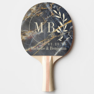 Raquette De Ping Pong Marbre Noir et Feuille de Pierre Dorée Monogramme