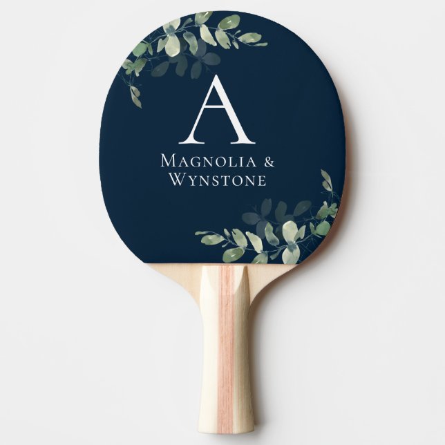 Raquette De Ping Pong Mariage de monogramme bleu marine Eucalyptus (Devant)