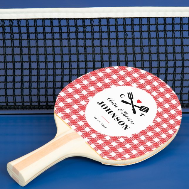 Raquette De Ping Pong Mariage de monogramme de grill En vichy rouge (Insitu)