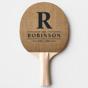 Raquette De Ping Pong Marron Burlap Nom de Famille & Initiale