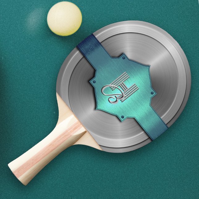 Raquette De Ping Pong Métallo bleu vert acier trompe l’oeil Monogramme (Créateur téléchargé)