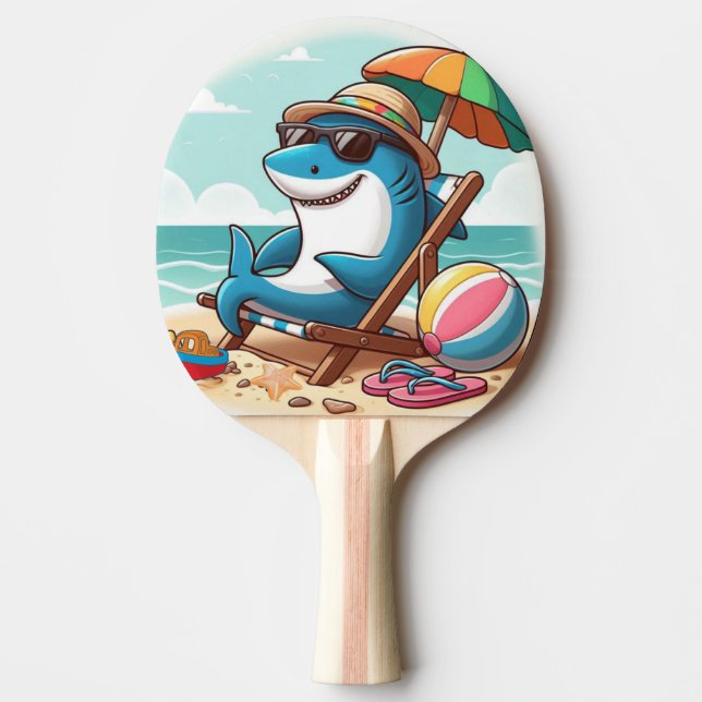 Raquette De Ping Pong Mignonne, requin caricaturé sur la plage (Devant)