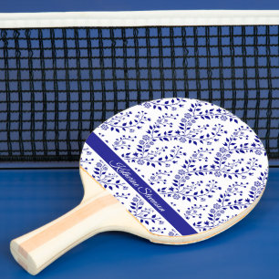 Raquette De Ping Pong Minimaliste Moderne Bleu Marine Blanc Script Flora