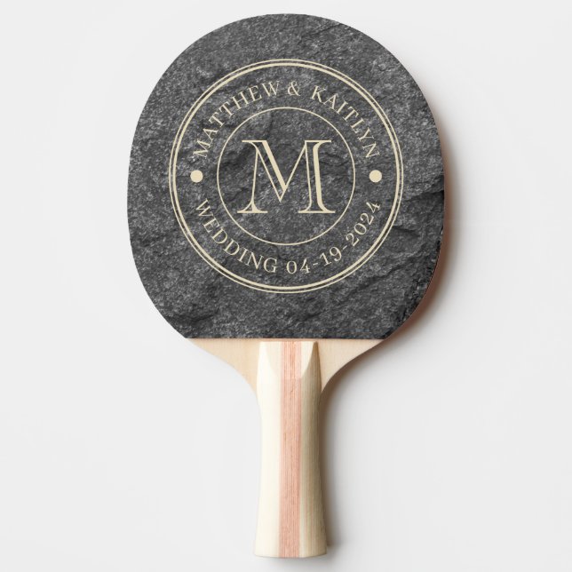 Raquette De Ping Pong Modern Dark Granite Stone Wedding Monogram (Devant)