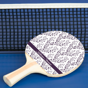 Raquette De Ping Pong Moderne Minimaliste Fleurie Script Plum Foncé Blan