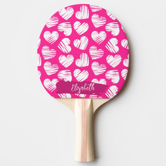 Raquette De Ping Pong Moderne rose et blanc Doodled Heart Valentine Nom (Devant)