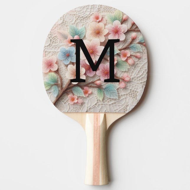 Raquette De Ping Pong Monogram lace floral pink pastel cherry blossom  (Devant)
