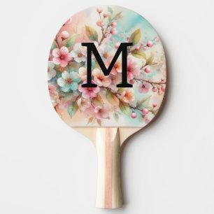 Raquette De Ping Pong Monogramme aquarelle florale fleurs roses de ceris