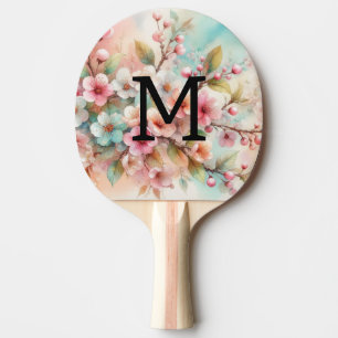 Raquette De Ping Pong Monogramme aquarelle florale roses fleurs de ceris