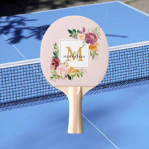 Raquette De Ping Pong Monogramme Aquarelle Roses Fleur Floral Coloré