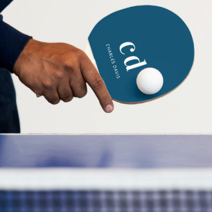 Raquette De Ping Pong Monogramme blanc bleu affiche le nom minimaliste
