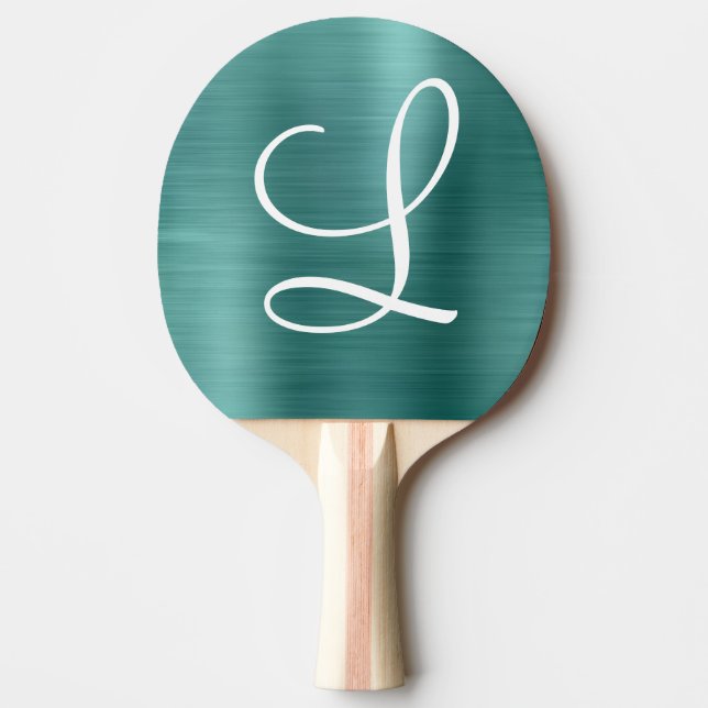 Raquette De Ping Pong Monogramme blanc Turquoise en métal brossé chic (Devant)