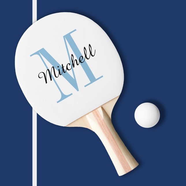 Raquette De Ping Pong Monogramme bleu et nom personnalisé (Créateur téléchargé)
