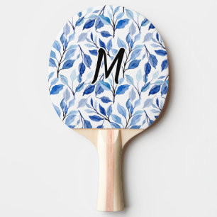 Raquette De Ping Pong Monogramme d'art fin en mosaïque de feuilles bleue