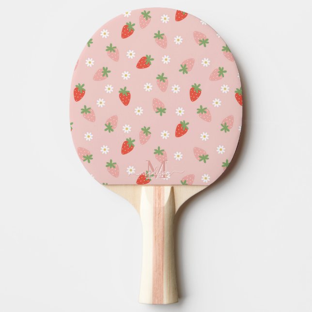 Raquette De Ping Pong Monogramme de fraises roses et rouges (Devant)