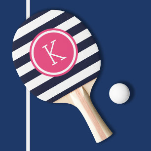 Raquette De Ping Pong Monogramme de la marine et des rayures roses de Pr