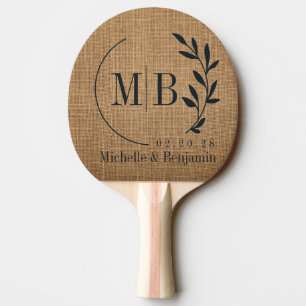 Raquette De Ping Pong Monogramme de mariage à feuille de jute marron