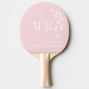 Raquette De Ping Pong Monogramme de mariage à feuille de murmure rose du