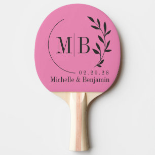 Raquette De Ping Pong Monogramme de mariage à feuille rose et noire