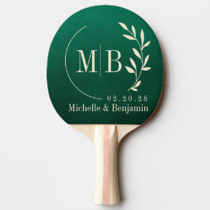 Raquette De Ping Pong Monogramme de mariage à feuille verte émeraude