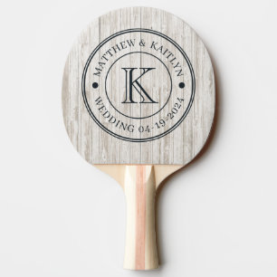 Raquette De Ping Pong Monogramme de mariage en bois blanchi