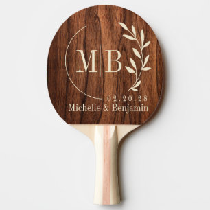 Raquette De Ping Pong Monogramme de mariage en bois de cerisier antique 