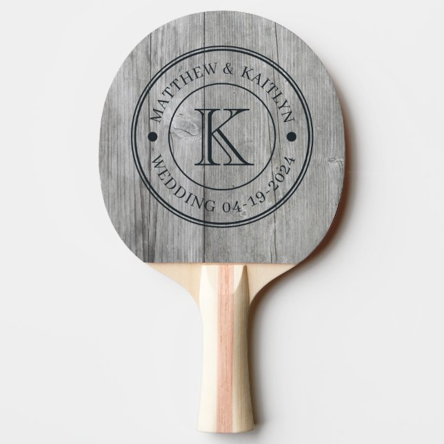 Raquette De Ping Pong Monogramme de mariage en bois gris (Dos)