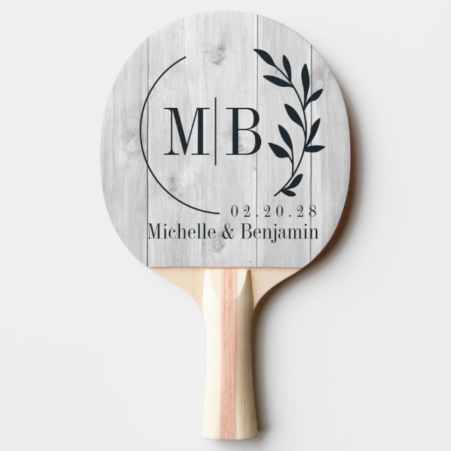 Raquette De Ping Pong Monogramme de mariage en bois gris clair propre en (Dos)