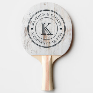 Raquette De Ping Pong Monogramme de mariage en bois peint blanc