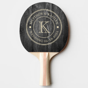 Raquette De Ping Pong Monogramme de mariage en bois sombre patiné