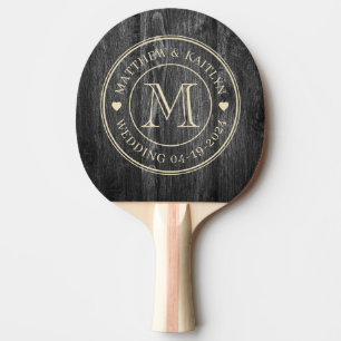 Raquette De Ping Pong Monogramme de mariage en bois sombre patiné en for