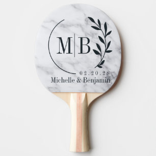Raquette De Ping Pong Monogramme de mariage en marbre blanc propre moder