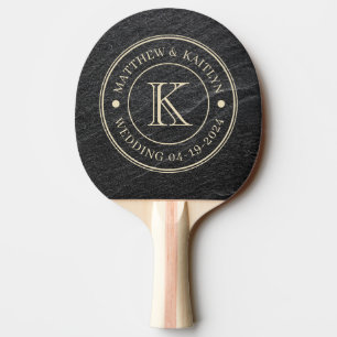 Raquette De Ping Pong Monogramme de mariage en pierre de granit noir
