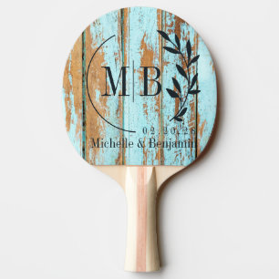 Raquette De Ping Pong Monogramme de mariage feuille de bois lavé bleu
