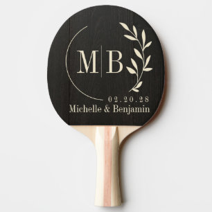 Raquette De Ping Pong Monogramme de mariage feuille de bois noir foncé