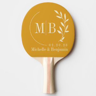 Raquette De Ping Pong Monogramme de mariage feuille de bouton d'or brûlé