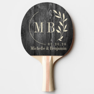 Raquette De Ping Pong Monogramme de mariage feuille en bois sombre patin