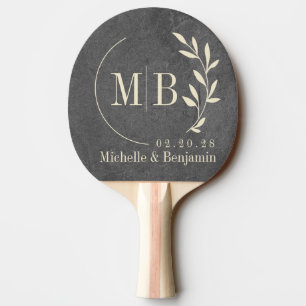 Raquette De Ping Pong Monogramme de mariage feuille en pierre ardoise fo