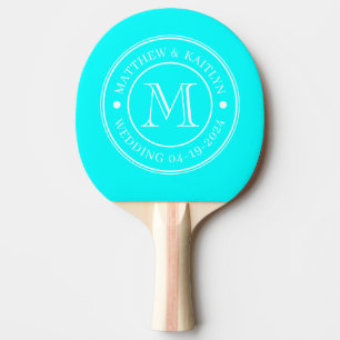 Raquette De Ping Pong Monogramme de mariage rétro électrique cyan