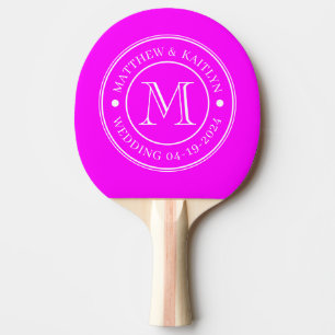 Raquette De Ping Pong Monogramme de mariage rose rétro électrique