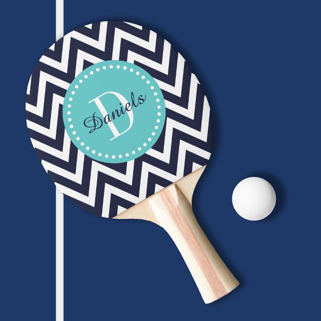 Raquette De Ping Pong Monogramme de Navy et de Turquoise Chevron (Créateur téléchargé)