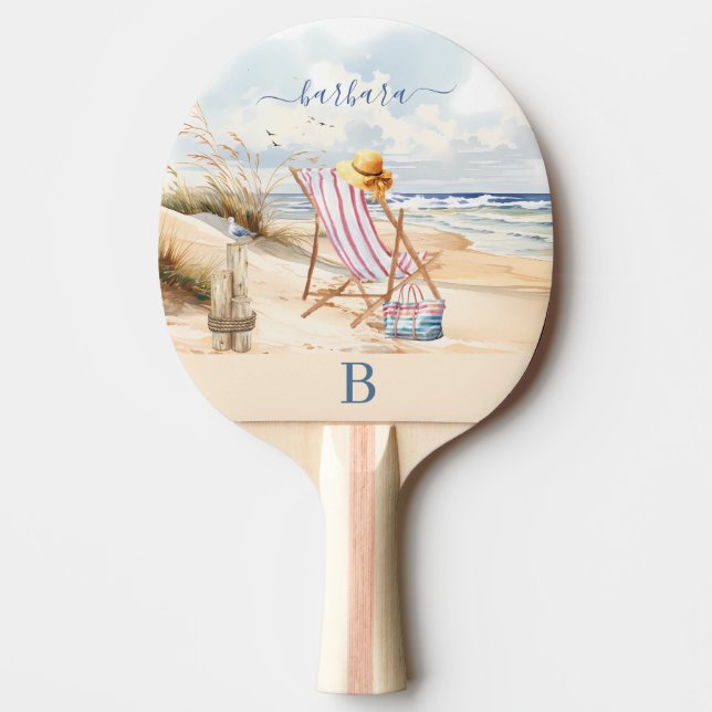 Raquette De Ping Pong Monogramme de nom de plage océan aquarelle élégant (Devant)