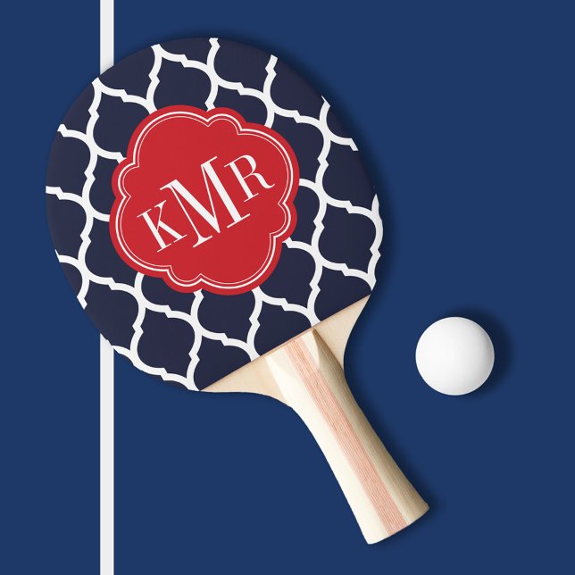 Raquette De Ping Pong Monogramme de Quatrefoil bleu marine et rouge maro (Créateur téléchargé)