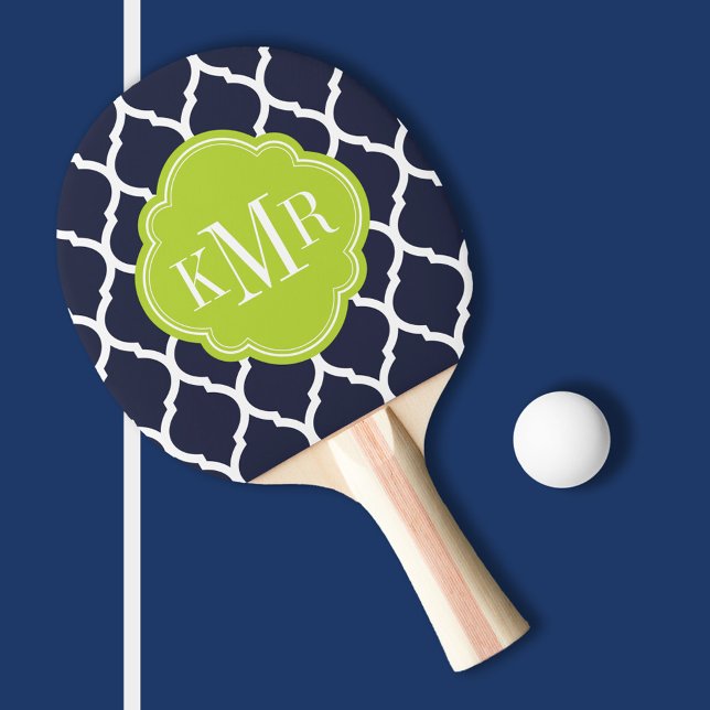 Raquette De Ping Pong Monogramme de Quatrefoil bleu marine et vert maroc (Créateur téléchargé)
