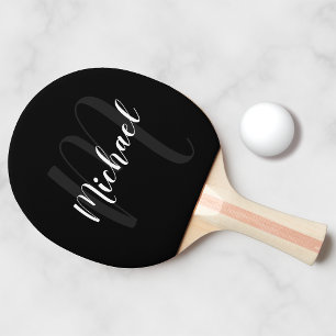 Raquette De Ping Pong Monogramme de script personnalisé et nom noir