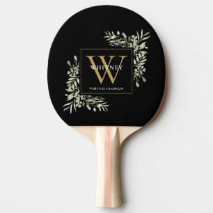 Raquette De Ping Pong Monogramme d'or Élégant vert moderne Noir