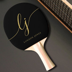 Raquette De Ping Pong Monogramme d'or noir Nom du script Monogramme mode